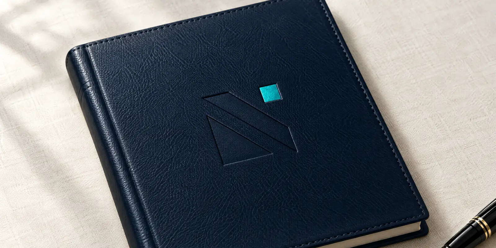 Libro de protocolo forrado en piel azul marino con el símbolo de NotarIA grabado en seco y su cuadro en turquesa.